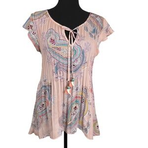 Melissa Paige Paisley Print‎ Tunic Top Pink Ruffle Sleeve Petite Medium Blouse